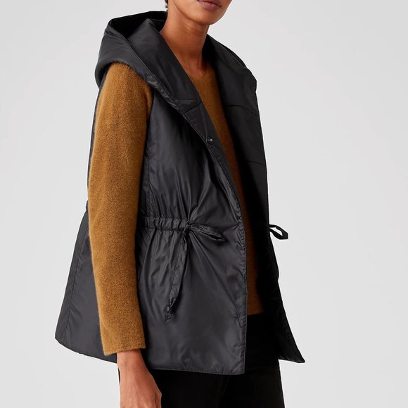 NWT Eileen Fisher BlackEGGSHELL RECYCLED NYLON HOODED VEST